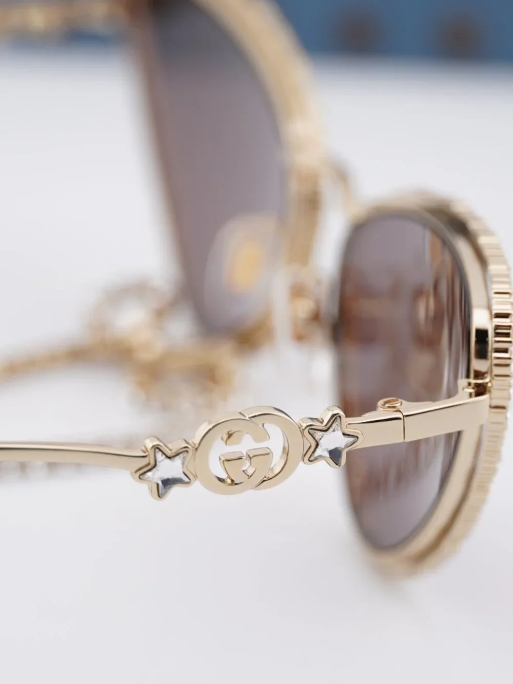 Gucci GG1569S 001 Cat Eye Sunglasses - Gold with White Stone / Brown